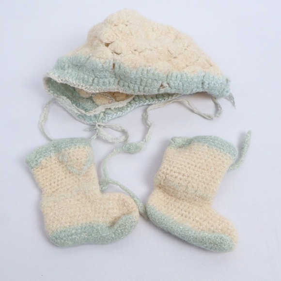 VTG Handmade Crochet Infant Baby Set Sweater Bonnet Booties Cream Blue - Picture 9 of 10